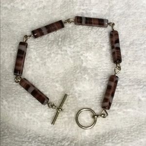 Brown bead bracelet, sterling silver plated links. Handmade.
